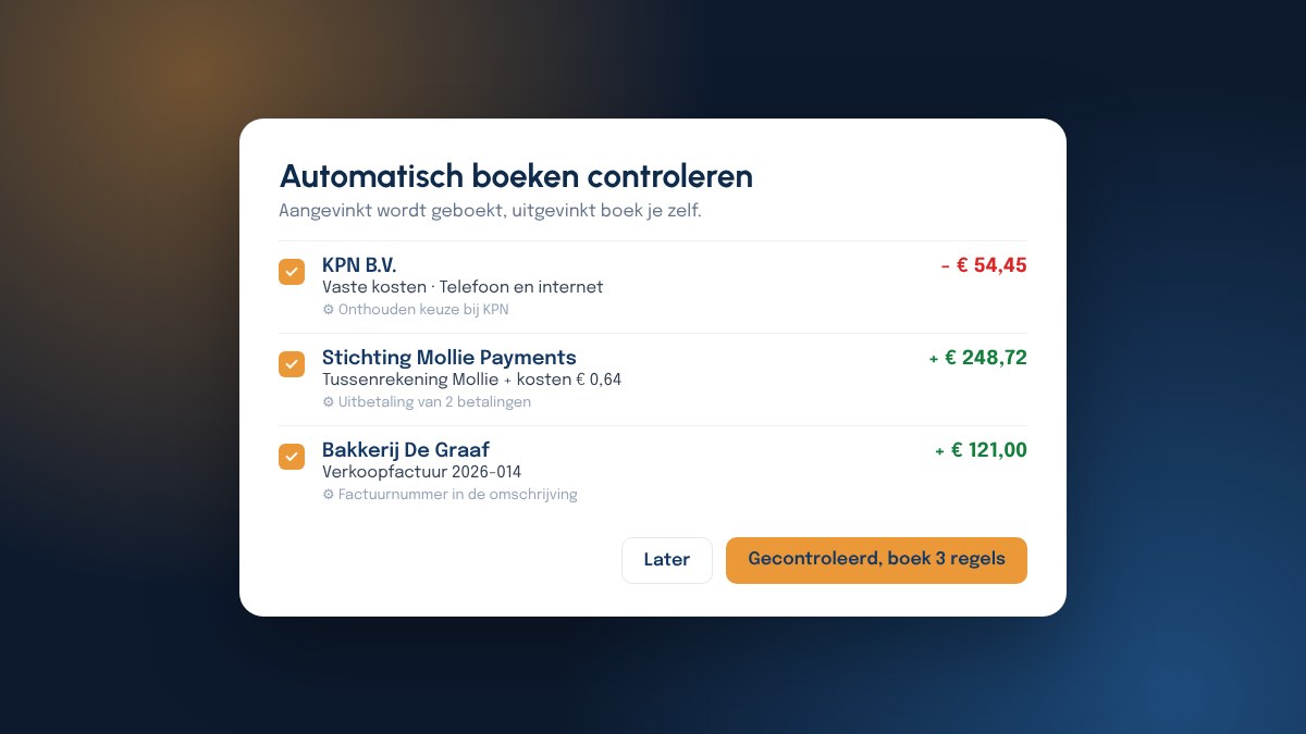 Venster Automatisch boeken controleren met drie aangevinkte regels: vaste kosten van KPN, een uitbetaling van Mollie met kosten en een betaling op verkoopfactuur 2026-014