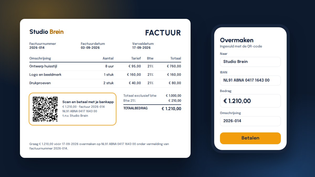 Factuur met linksonder een QR-code en de tekst Scan en betaal met je bankapp, naast een telefoon met een overboeking waarin naam, IBAN, bedrag en factuurnummer al zijn ingevuld