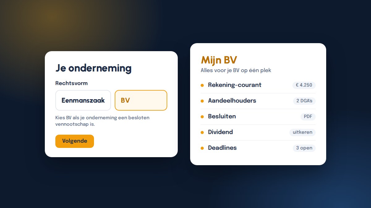 De startwizard met rechtsvorm BV gekozen, naast Mijn BV met rekening-courant, aandeelhouders, besluiten, dividend en deadlines