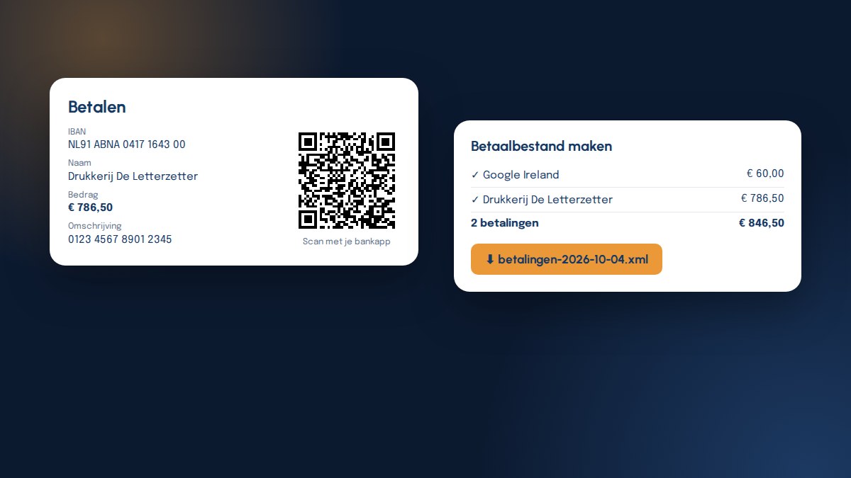 Het blok Betalen met IBAN, naam, bedrag, omschrijving en een QR-code, en de dialoog Betaalbestand maken met twee betalingen