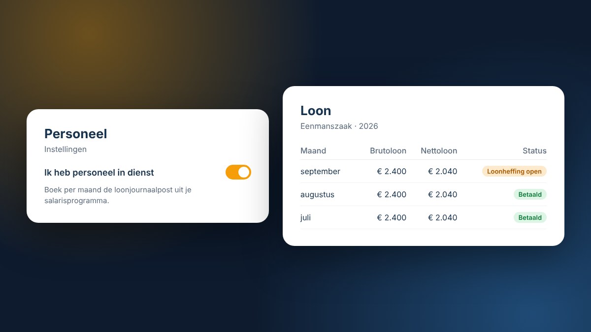 Instellingen Personeel met Ik heb personeel in dienst aangezet, naast de pagina Loon van een eenmanszaak met drie maanden
