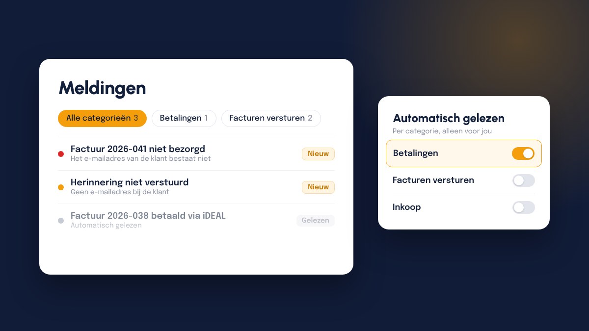 De pagina Meldingen met categoriefilters en twee nieuwe meldingen, en ernaast de instelling Automatisch gelezen met Betalingen aangezet