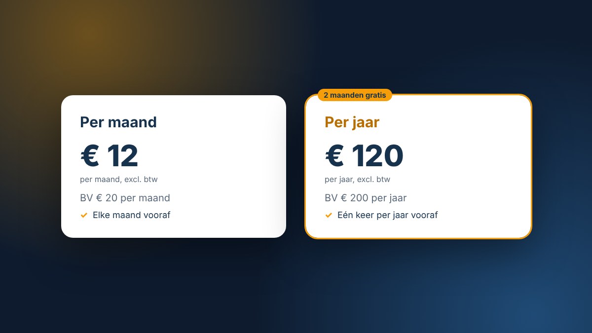 Keuze tussen per maand en per jaar betalen, met per jaar € 120 voor Eenmanszaak en € 200 voor BV: 2 maanden gratis