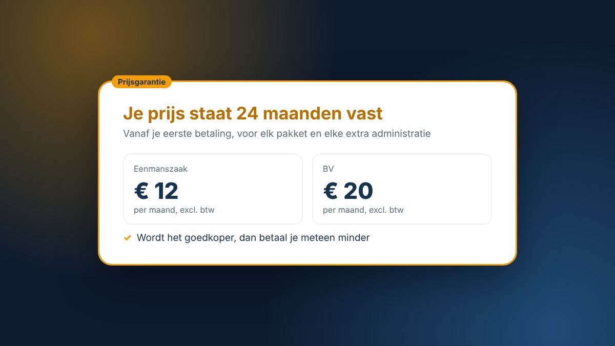 Prijsgarantie: je prijs staat 24 maanden vast, Eenmanszaak € 12 en BV € 20 per maand