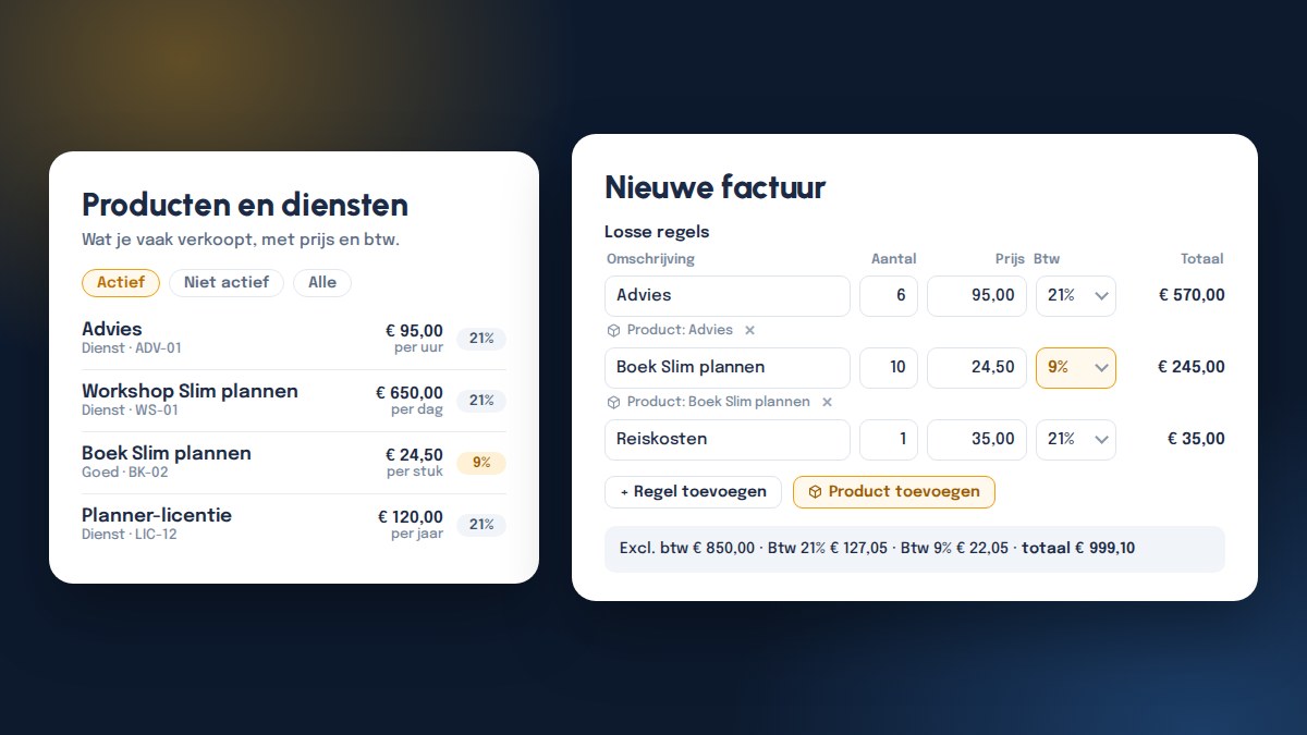 De lijst Producten en diensten met prijzen en btw, en een nieuwe factuur met regels uit de catalogus tegen 21% en 9% btw