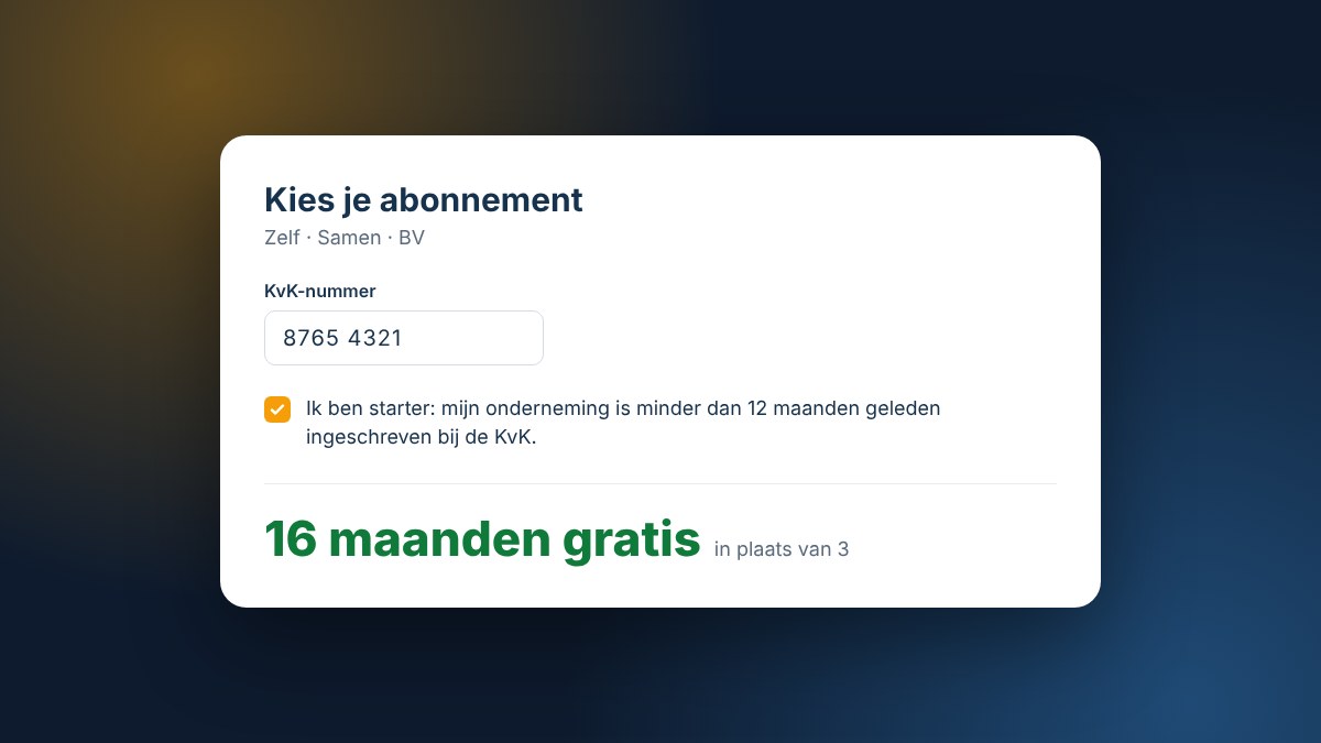 Het scherm Kies je abonnement met een KvK-nummer, het vinkje Ik ben starter aangevinkt en de tekst 16 maanden gratis in plaats van 3