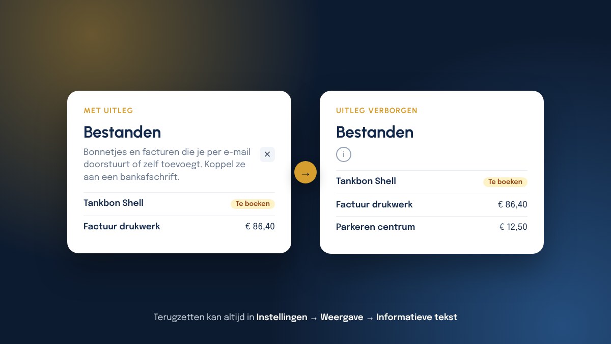 Twee kaarten van het scherm Bestanden: links met grijze uitleg en een kruisje, rechts met de uitleg verborgen en alleen een i-icoontje