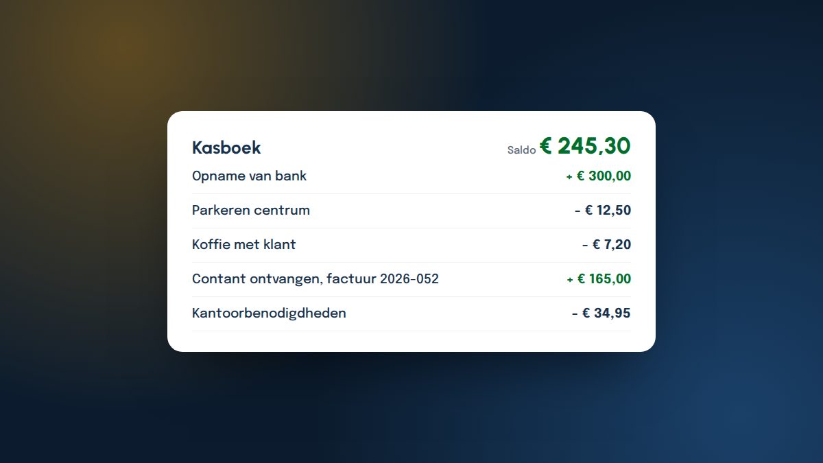 Kasboek met ontvangsten, uitgaven en een saldo van 245,30 euro